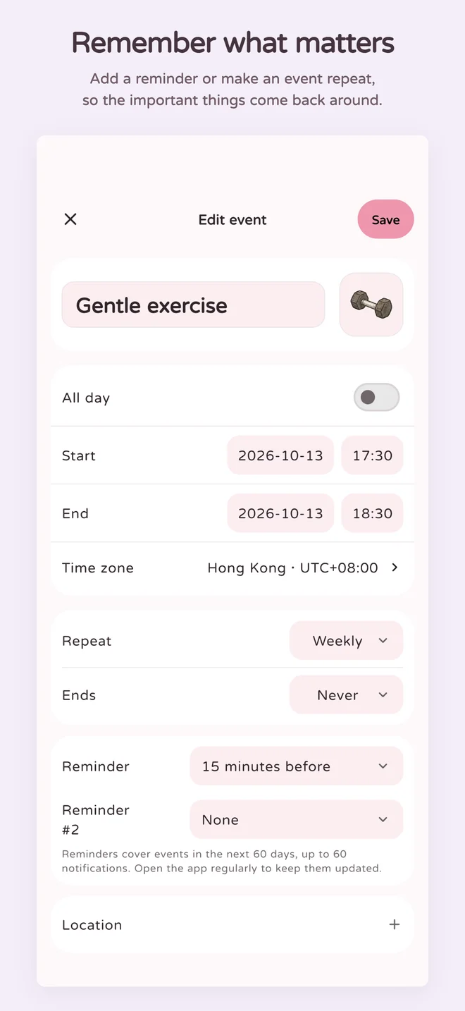 Remember what matters. An event editor showing reminder and repeat options.