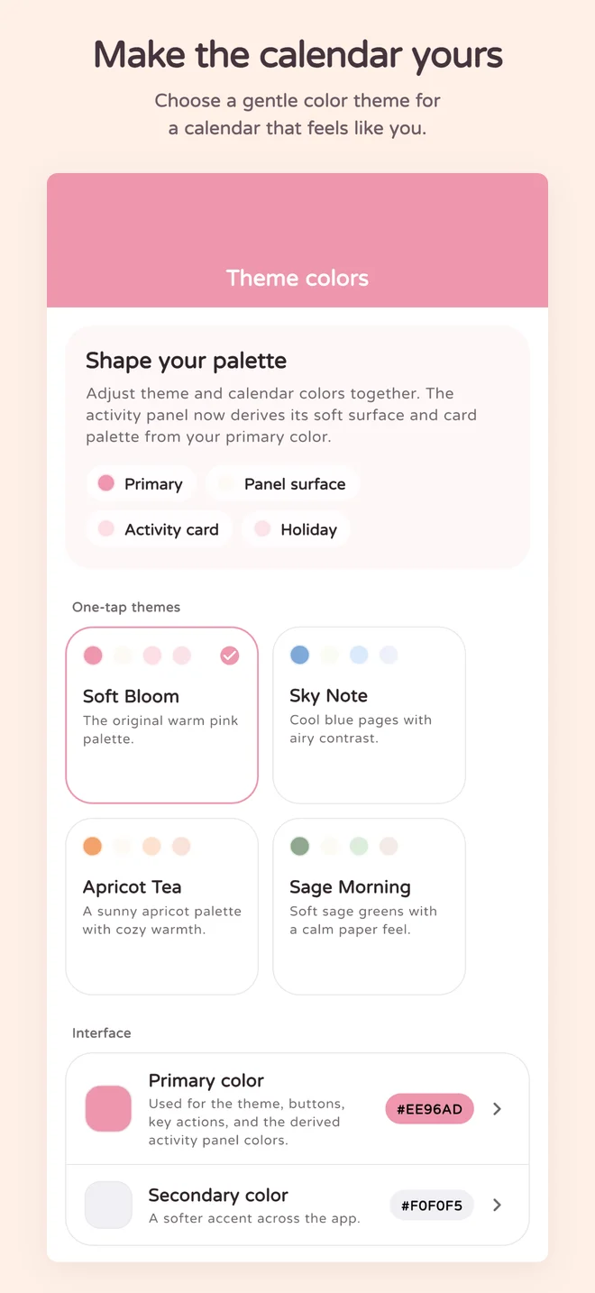 Make the calendar yours. Calendar theme options shown alongside a personalized calendar preview.